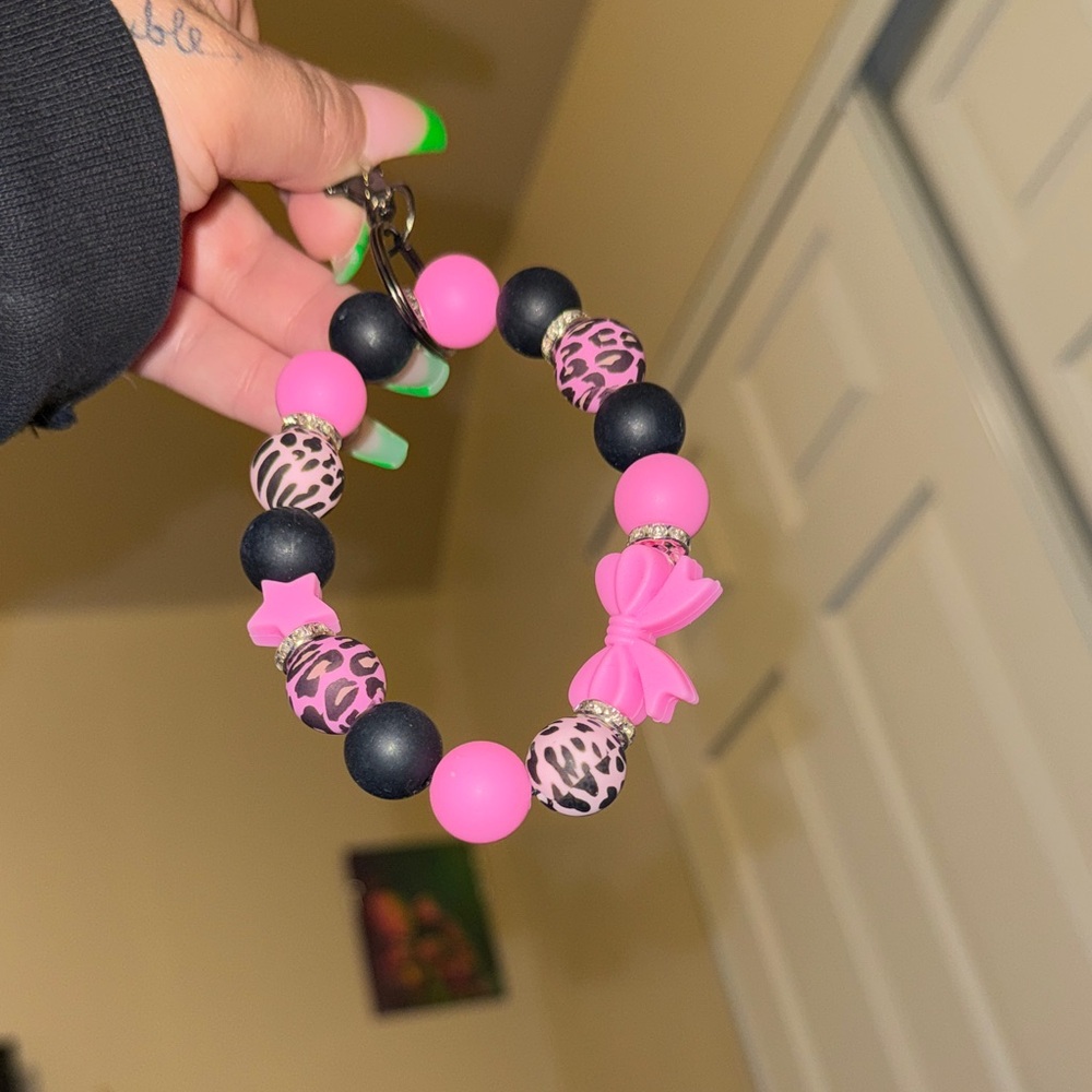 Pink & Black  Beaded Bracelet Keychain with Bow Charm